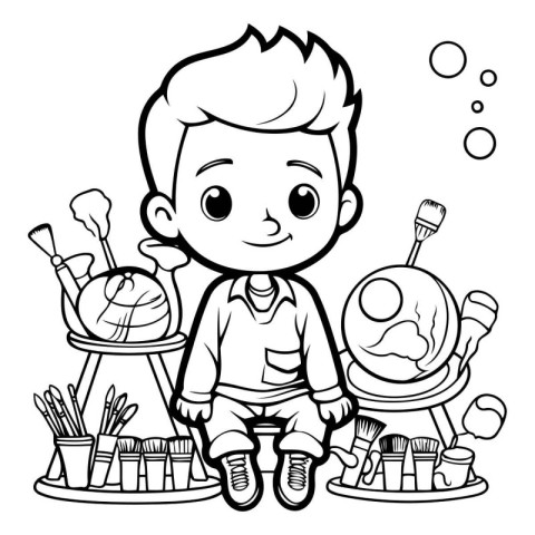 Coloring Page Outline Of a Cute Little Boy Playing Artist