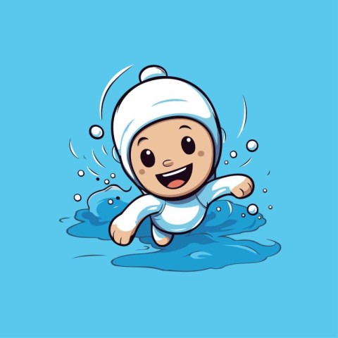 Cartoon baby swimming in the pool. Cute vector illustration.