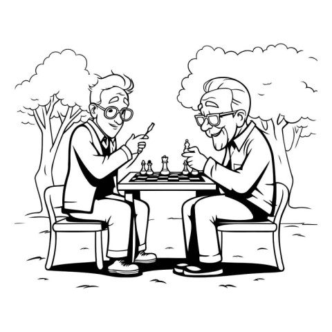 Grandfather and grandson playing chess. Black and white vector i