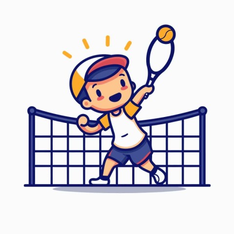 Cartoon boy playing tennis. Vector illustration in a flat style.