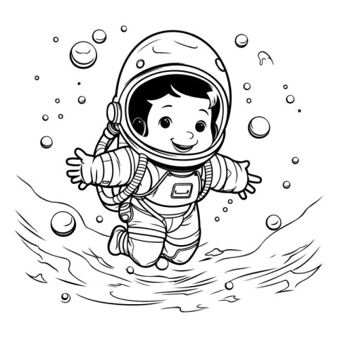 Cute little boy in a spacesuit swims in the ocean.