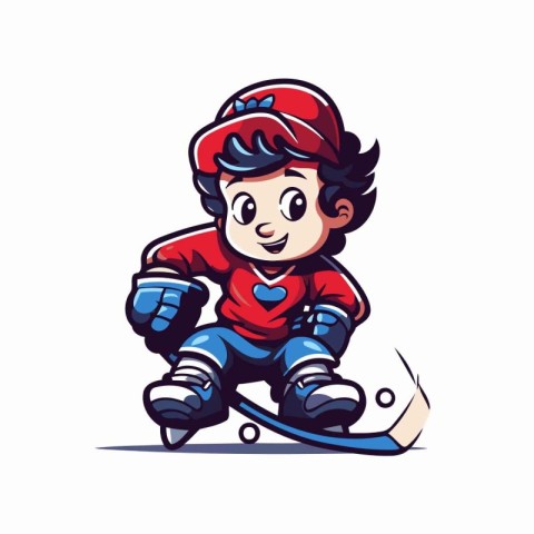 Cartoon boy playing ice hockey. Vector illustration isolated on