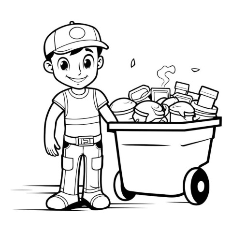 Cute little boy with a cart full of garbage. Vector illustration