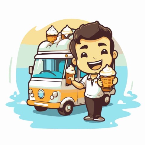 Man with ice cream truck and ice cream cone. Vector illustration