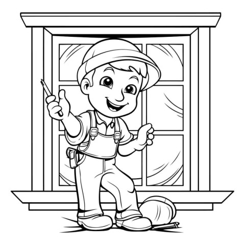 Vector illustration of Cartoon little boy in the window. Black a