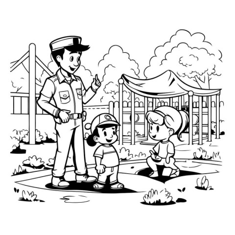 Black and White Cartoon Illustration of a Father and Son Having