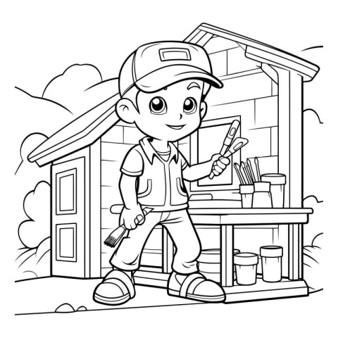 Coloring Page Outline Of a Kid Boy Repairing a House