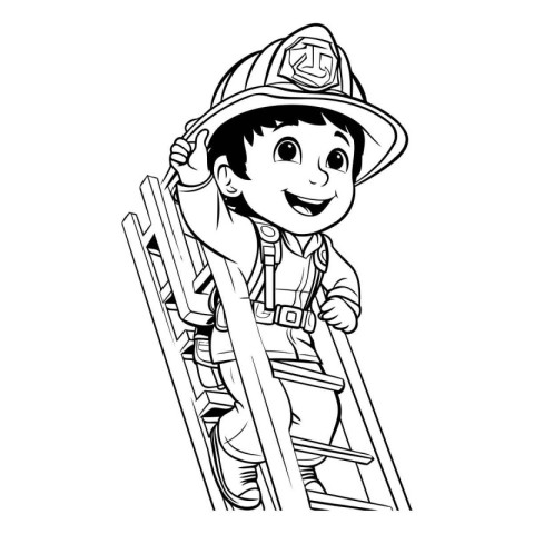 Fireman on ladder. Black and white vector illustration isolated