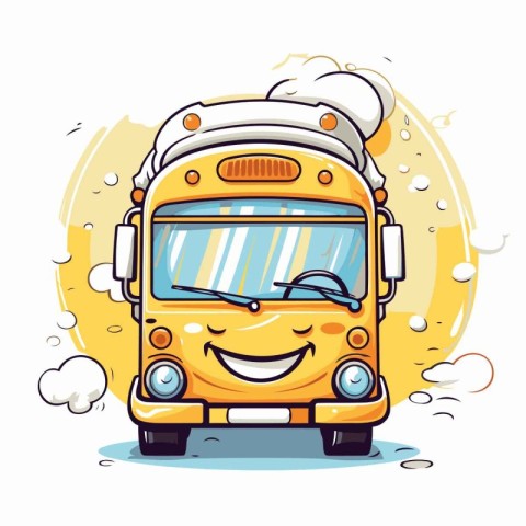 Cute yellow school bus with chef's hat. Vector illustration.