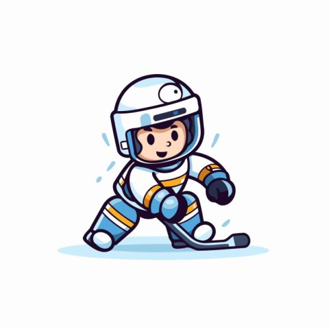 Cute little boy in astronaut suit playing hockey. Vector illustr