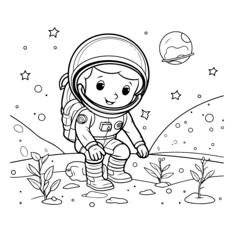 Coloring book for children: Astronaut in space. Vector illustrat