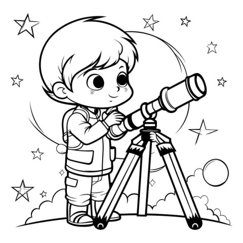 Boy with telescope on a background of the night sky. Coloring bo