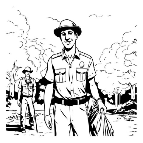 Vector illustration of a police officer standing on the bank of