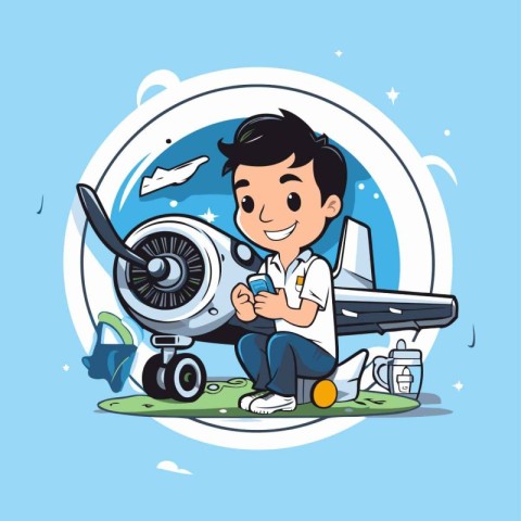 Aviation boy with airplane. Vector illustration in cartoon style