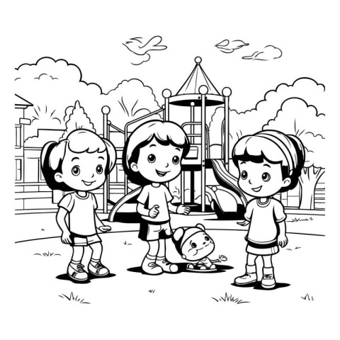 Children playing on the playground. Black and white vector illus