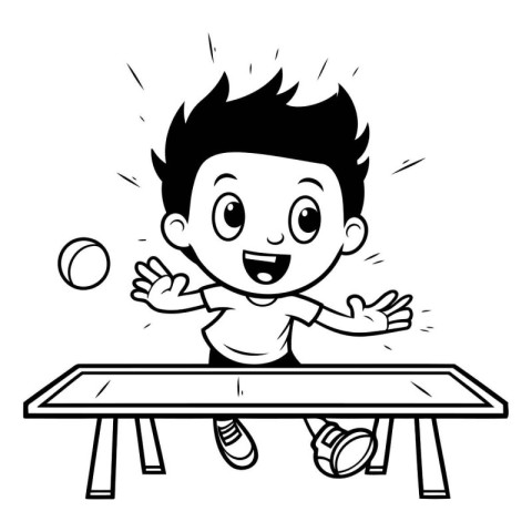 Boy Playing Table Tennis - Black and White Cartoon Illustration.