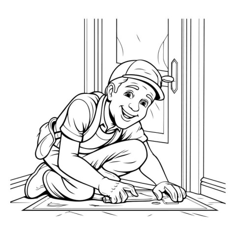 Black and White Cartoon Illustration of Construction Worker Plas