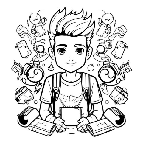 Teenager boy using a tablet PC. Vector line art illustration.