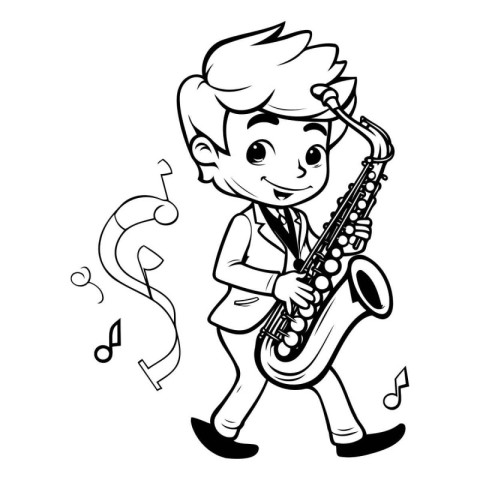 Cartoon boy playing the saxophone. Black and white vector illust