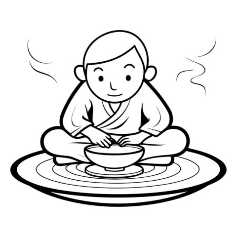 Buddhist monk with a bowl of soup. vector illustration.