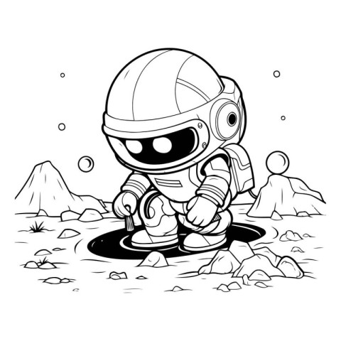 Astronaut in space suit and helmet. Black and white vector illus