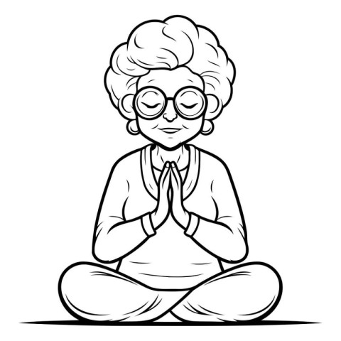 Funny Grandmother Meditating - Black and White Cartoon Illustrat