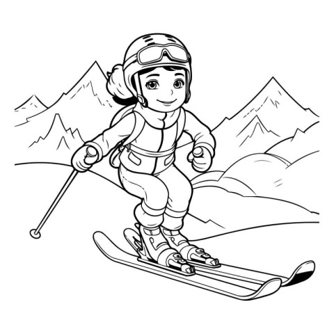 Skiing girl. Coloring book for children. Vector illustration