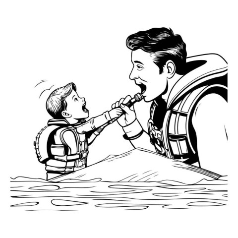 Dad and son fishing in the sea. Black and white vector illustrat