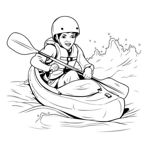 Illustration of a man in a kayak with a paddle.