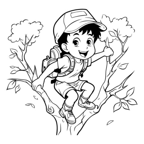 Boy climbing on a tree with a backpack. black and white vector i