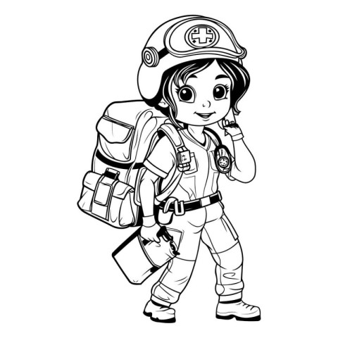 Illustration of a cute girl in a firefighter suit with a backpac