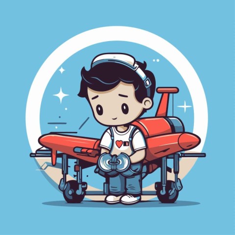 Cartoon boy with airplane. Vector illustration of kid in pilot c