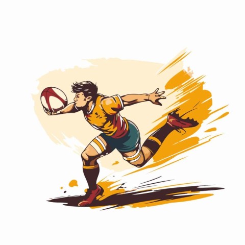 Rugby player jumping with a ball in his hands. Vector illustrati