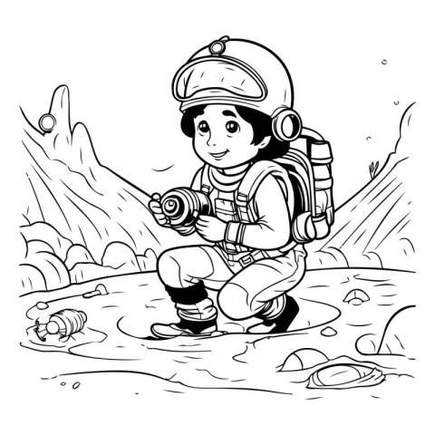 Black and White Cartoon Illustration of Kid Climbing a Mountain