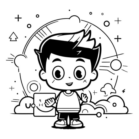 Cute little boy cartoon in black and white vector illustration g