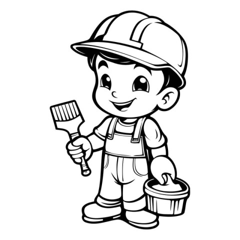 Cartoon worker boy with paint bucket and brush - vector illustra