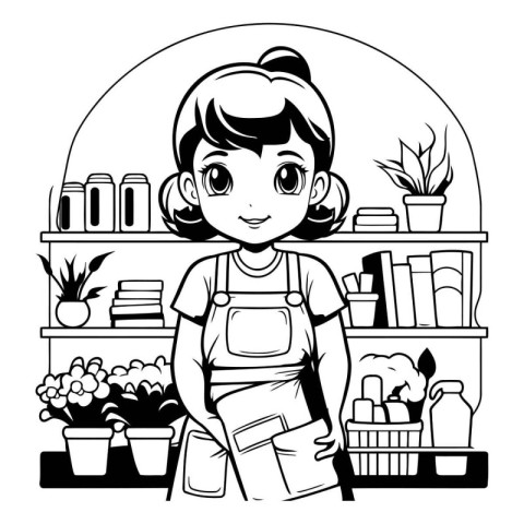 cute little girl gardener with flowers in the house vector illus