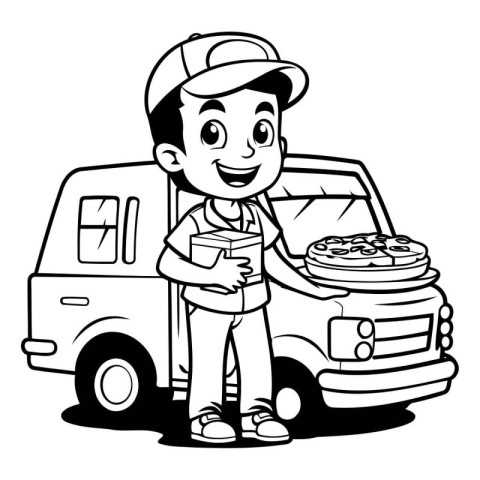 Illustration of a Delivery Boy Holding a Box of Pizza and Car