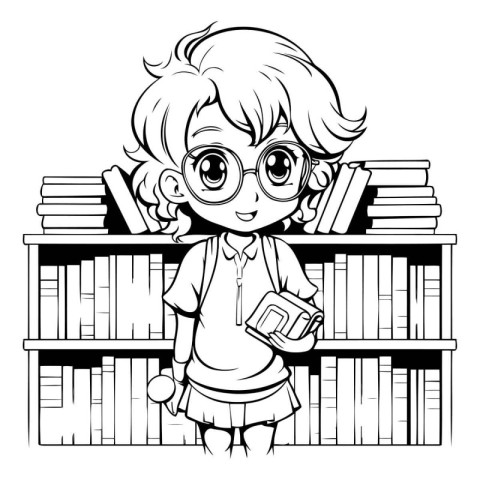 Girl with glasses reading a book in the library black and white