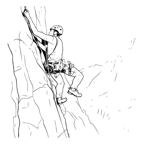 Man climbing on a cliff. Hand drawn illustration of a man climbi