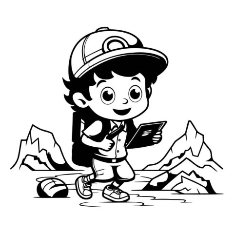 Boy scout with map - Black and White Cartoon Illustration. Vecto