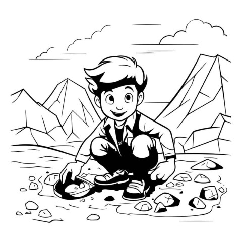 Vector illustration of a boy in the mountains. Cartoon style. Bl