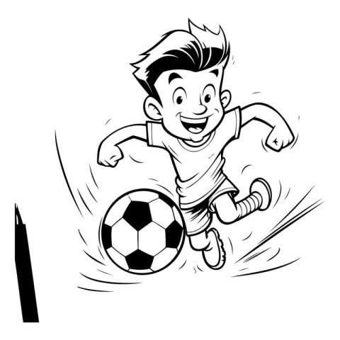 Soccer player with ball. Black and white vector illustration for