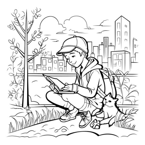 Teenage boy reading a book in the park. Vector illustration.