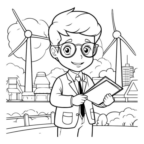 Black and White Cartoon Illustration of Kid Boy Studying Wind Tu