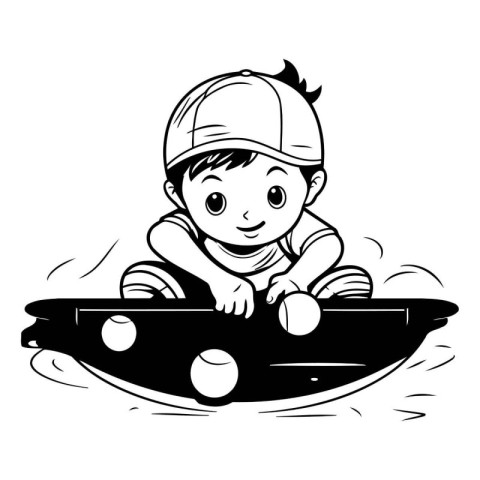 Cute little boy in a water scooter. Black and white vector illus