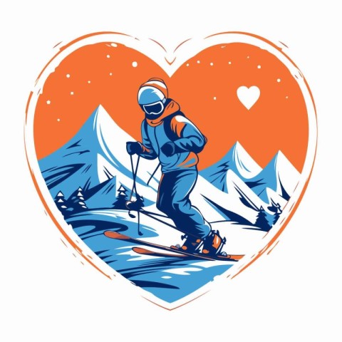 Skiing in the mountains. Vector illustration in retro style.