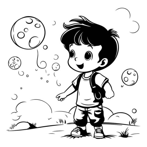 Cute little boy playing with the moon. Black and white vector il