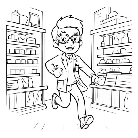 Cute boy in a supermarket. Vector illustration for coloring book