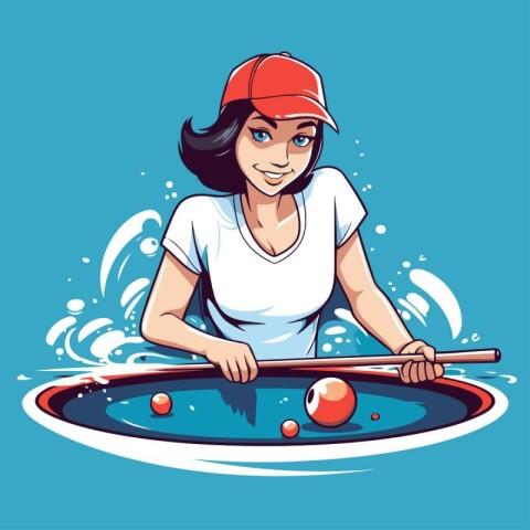 Girl playing billiards. Vector illustration of a girl playing bi